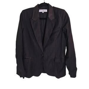 Paul & Joe Black Cotton One Button Blazer with Leather Trim Pointed Lapel 40FR